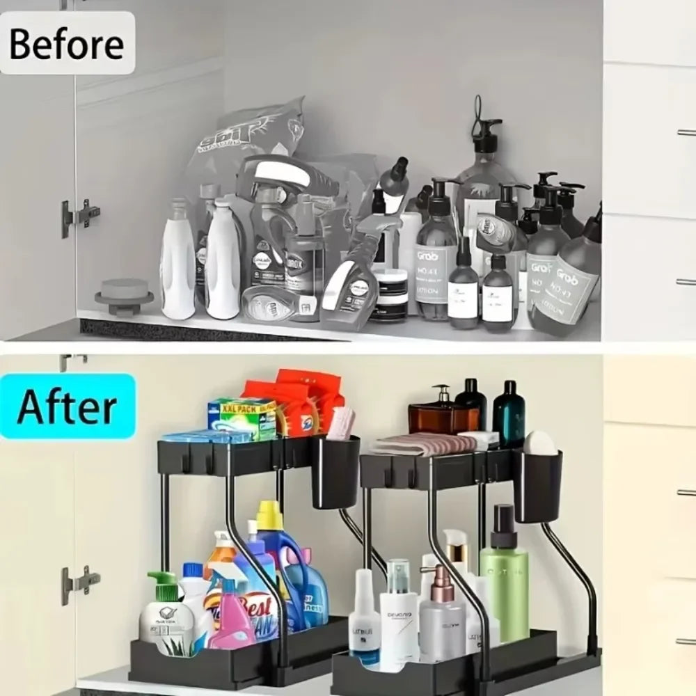 2 Tier Slide Out Under Sink Organizer with Hooks Large Capacity Space Saving Storage Rack for Kitchen Bathroom Cabinet Durable