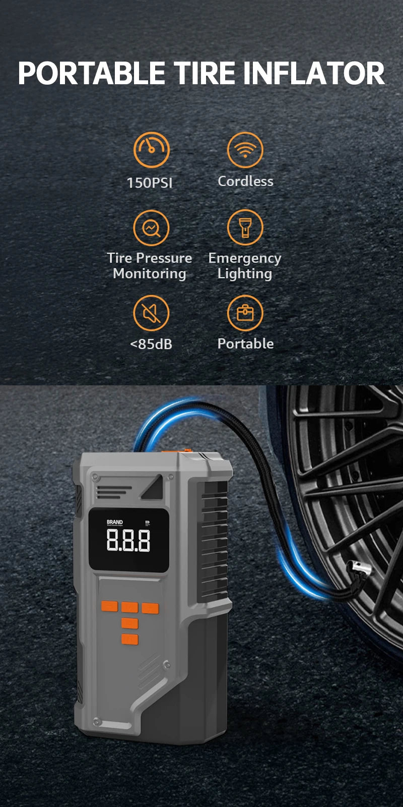 JKUOO Car Jump Starter And Air Inflator  10.2 Bar Fast Fill -40°C Low-Temp Work 12V Lead-Acid Battery with Tire Monitoring