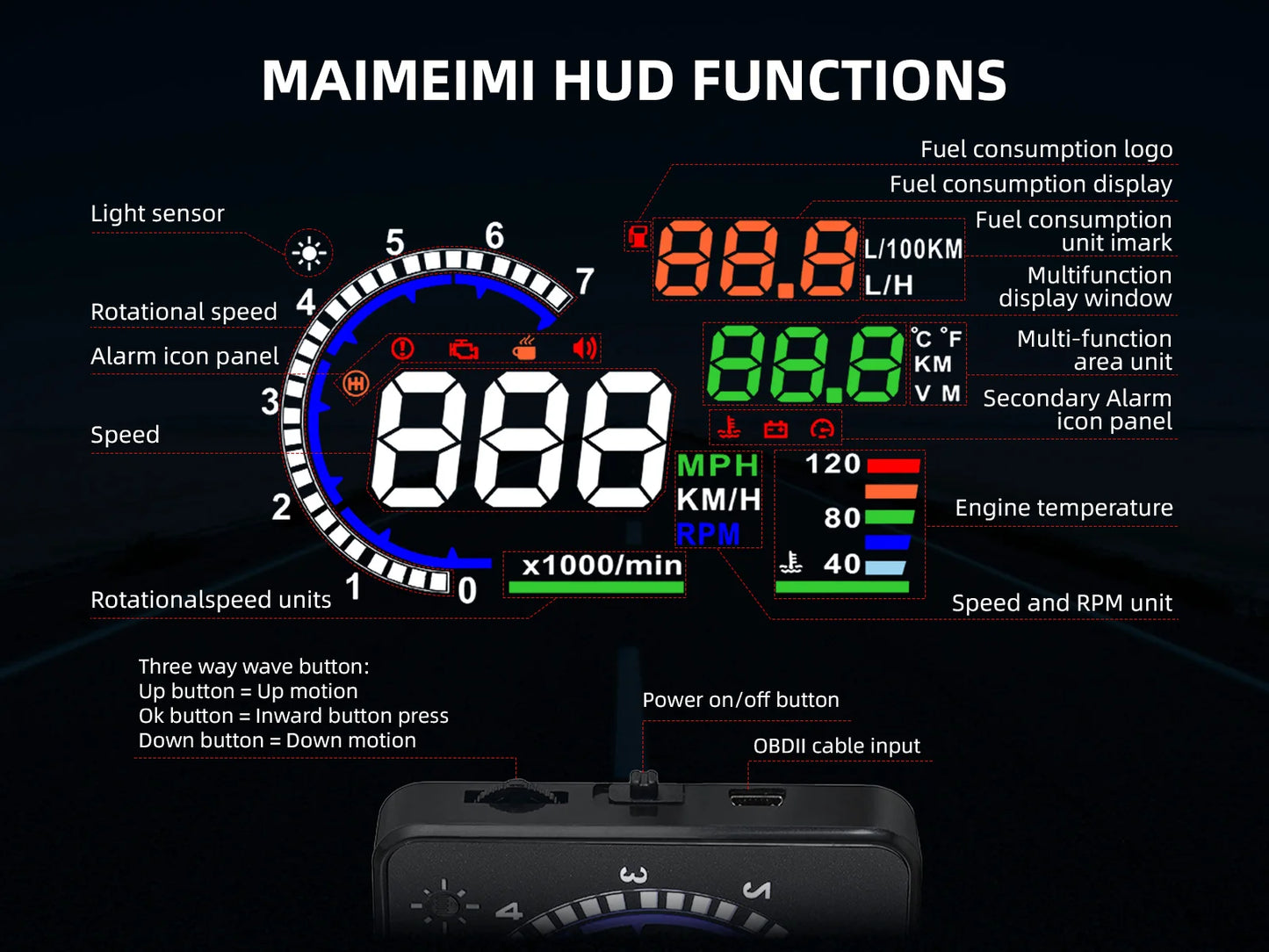 AD Digital Car OBD HUD A8 Head Up Display AUTO HUD OBD Reflect Windshield Screen Projector LED Speedometer Water Temp RPM Meter