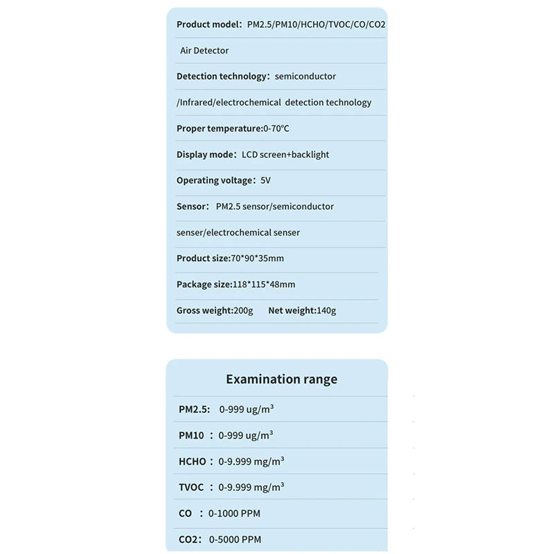 جهاز قياس جودة الهواء 6 في 1: PM2.5، PM10، HCHO، TVOC، CO، CO2، CO2، جهاز مراقبة جودة الهواء، جهاز اختبار جودة الهواء للمنزل والمكتب