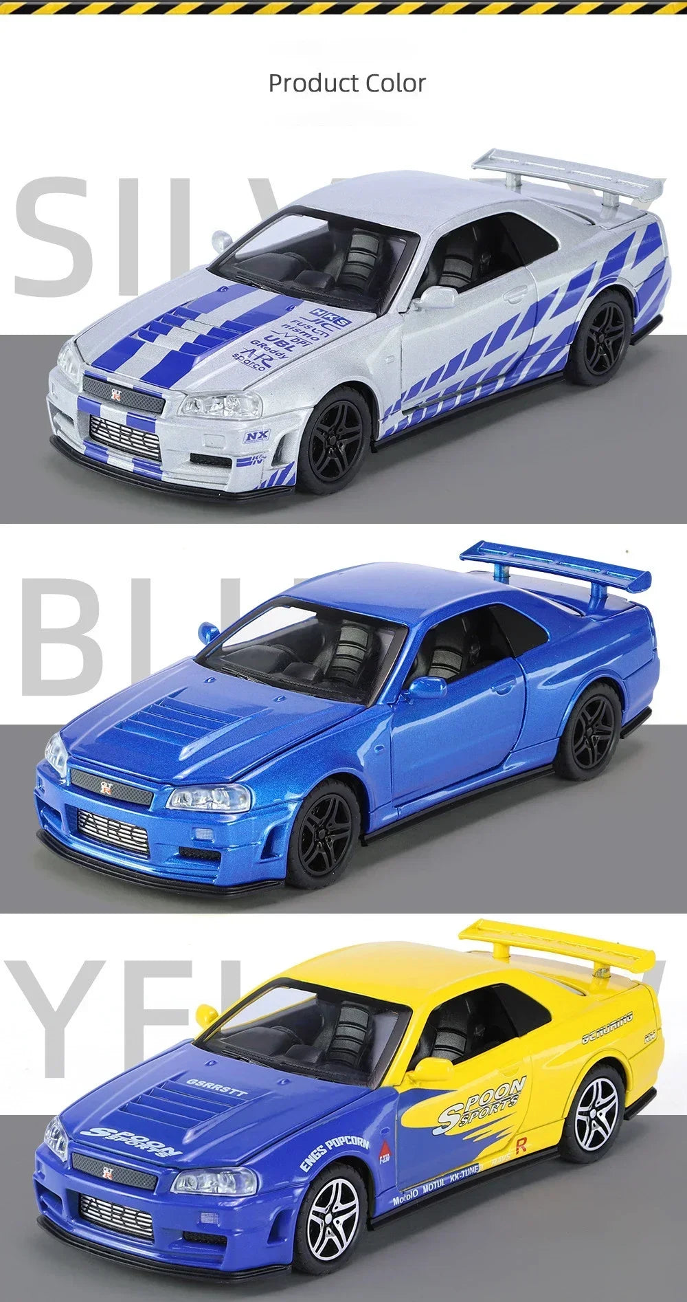 1:32 GTR R34 Skyline Fast & Furious Alloy Car Model Sound and Light Pull Back Children's Toy Collectibles Birthday Gifts