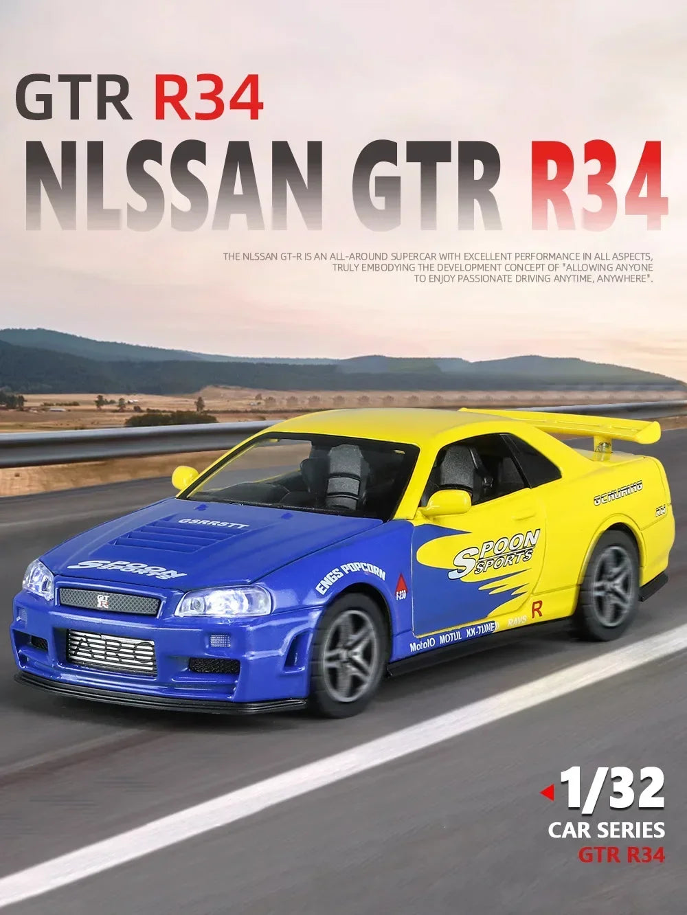 1:32 GTR R34 Skyline Fast & Furious Alloy Car Model Sound and Light Pull Back Children's Toy Collectibles Birthday Gifts
