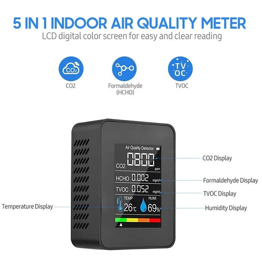 Air quality monitor multifunctional 5in1 CO2 meter digital home temperature humidity tester carbon dioxide HCHO TVOC detector