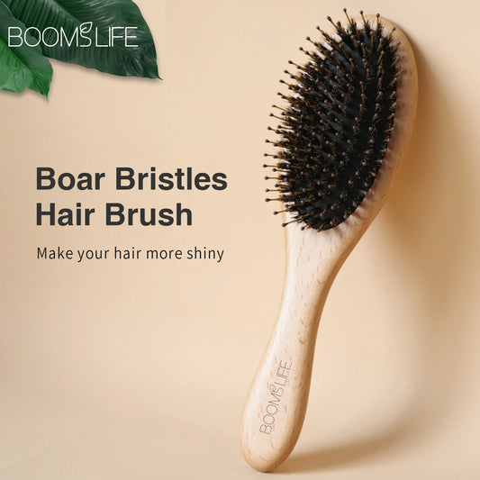 Custom Boar Bristle Hair Brush Women Hair Anti-Static Scalp Massage Comb Wood Hair Brush for Curly Thick Long Hair Detangler