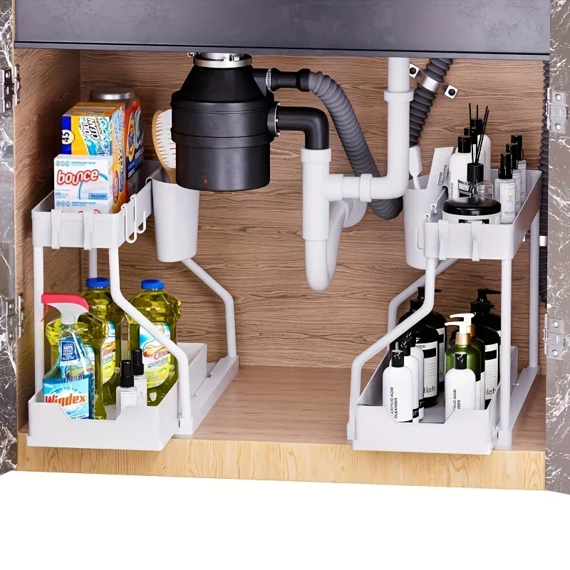 2 Tier Slide Out Under Sink Organizer with Hooks Large Capacity Space Saving Storage Rack for Kitchen Bathroom Cabinet Durable