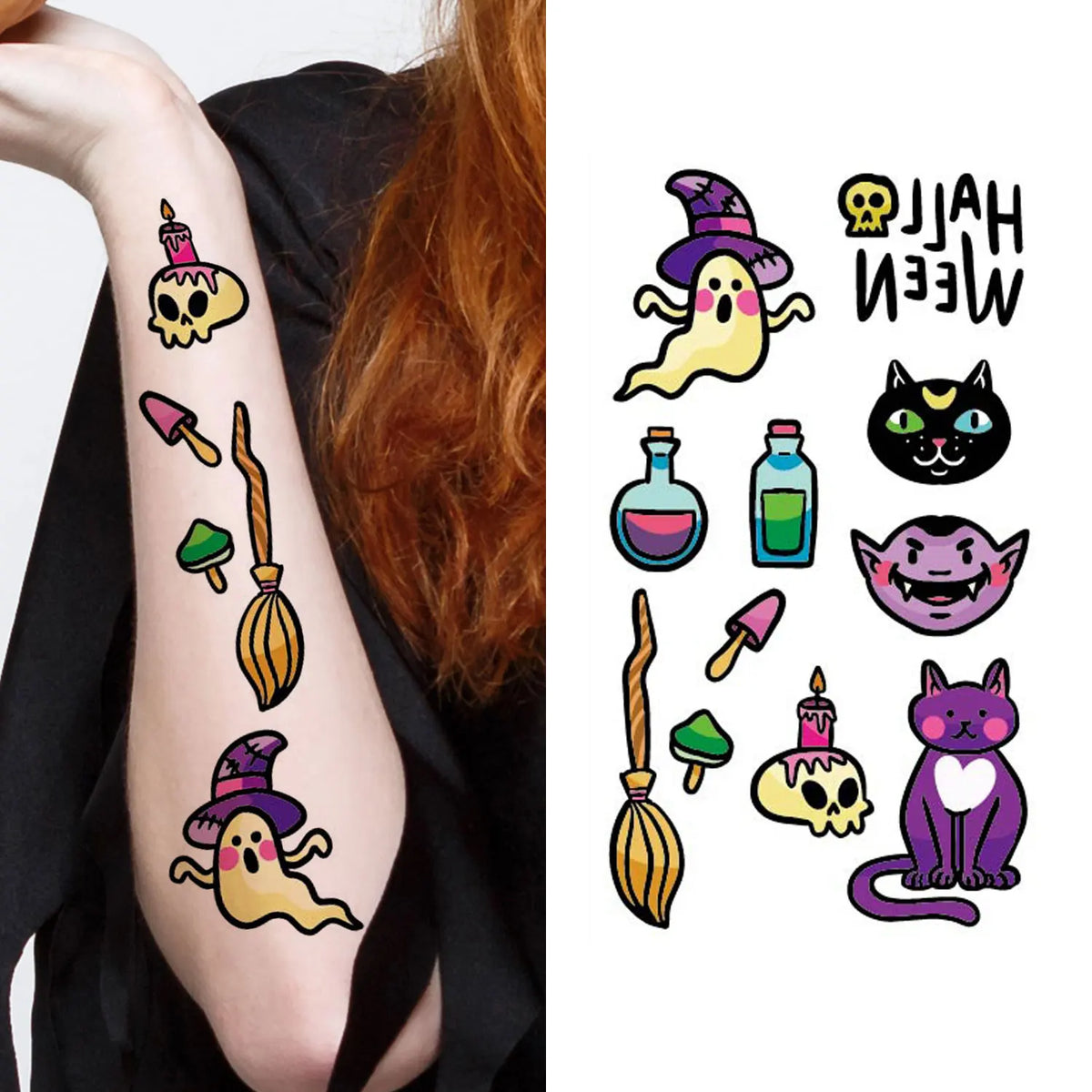 30Pcs Halloween Temporary Tattoos, 220 Cartoon Pumpkin Bat Spider Designs, Waterproof Fake Tattoo Stickers for Halloween Party