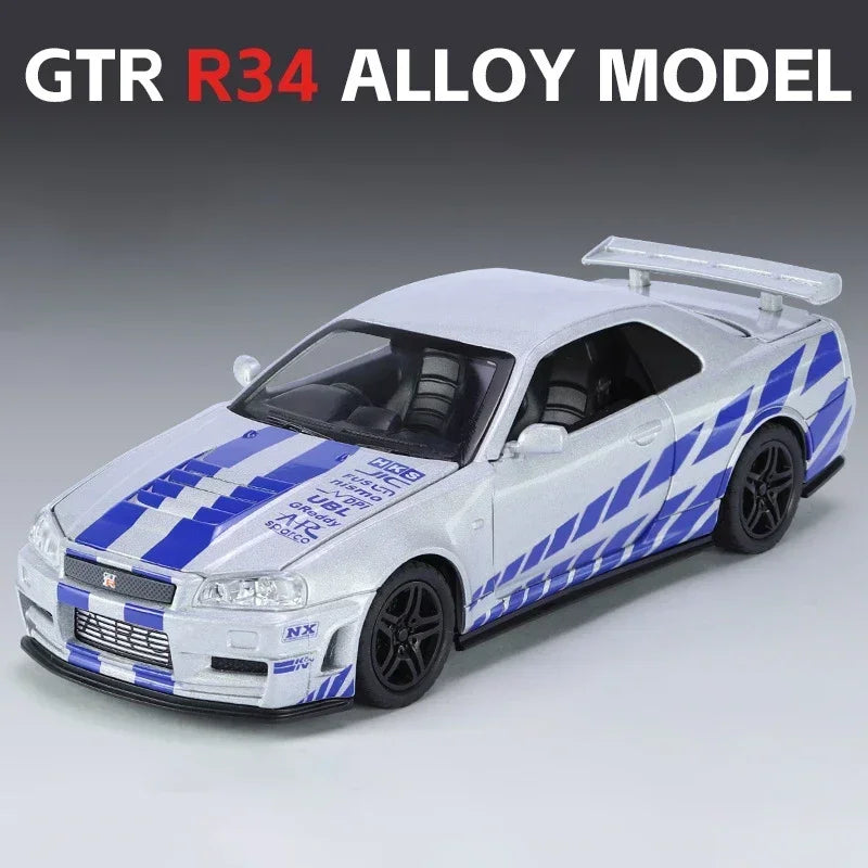 1:32 GTR R34 Skyline Fast & Furious Alloy Car Model Sound and Light Pull Back Children's Toy Collectibles Birthday Gifts
