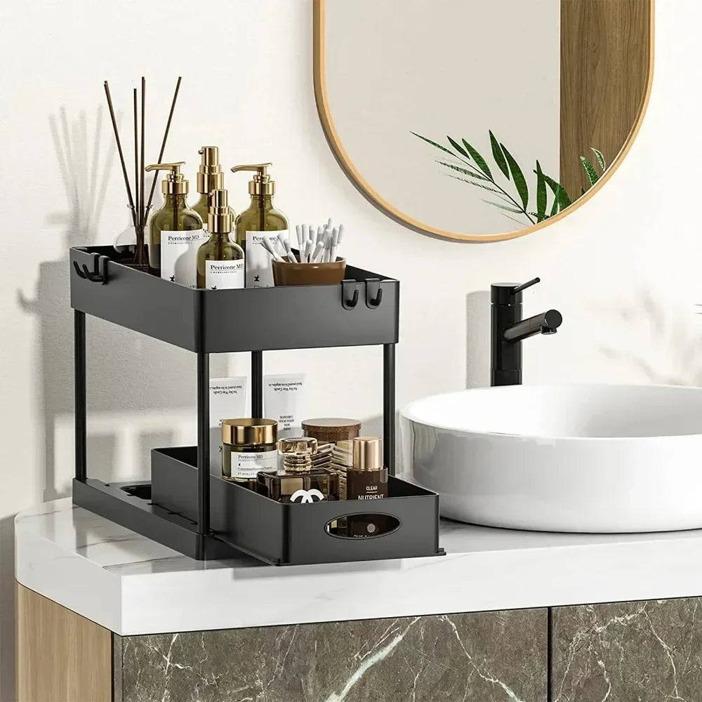 New 2 Tier Under Sink Organizer Sliding Cabinet Basket Organizer Storage Rack with Hooks Hanging Cup Bathroom Kitchen Organizer