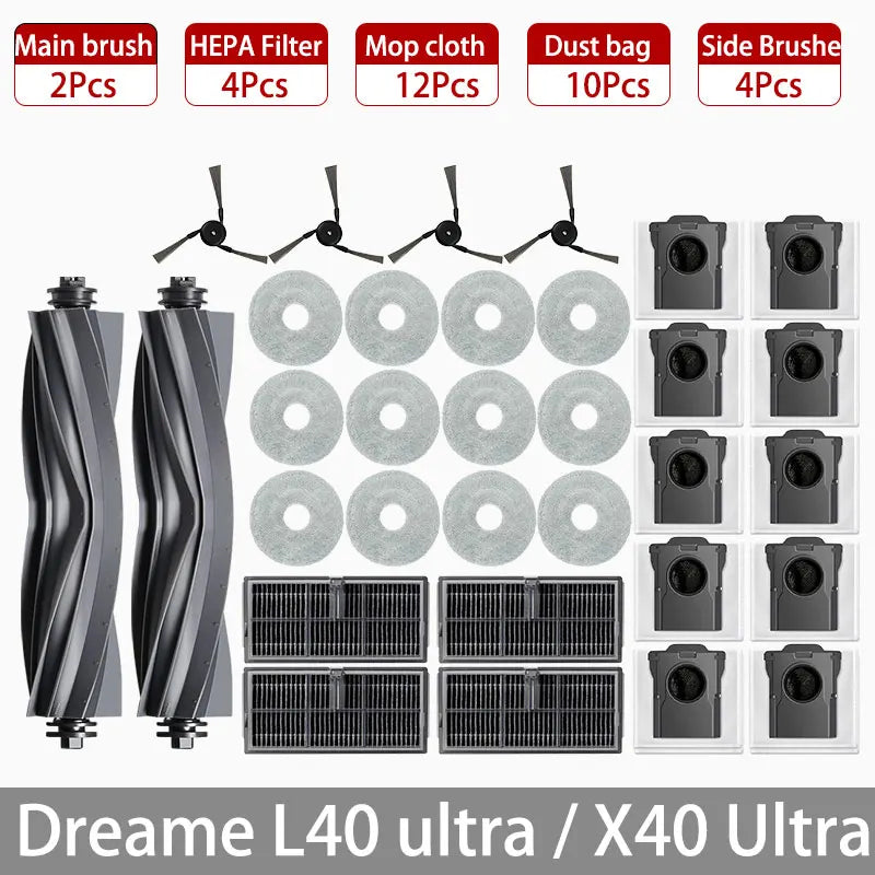 Dreame L40 ultra / X40 Ultra Robot Vacuum Accessories Dust Bags Mop Main Side Brushes Cloths HEPA Filters Spare Parts