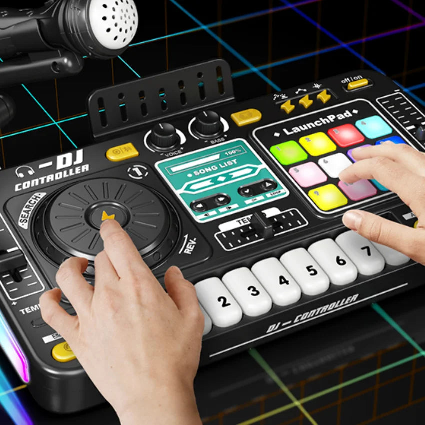 Kid Electricity DJ Mixer with Microphone Electronic Piano Keyboard DJ Turntable Controller Turntable Instrument Kid Birthday Gif