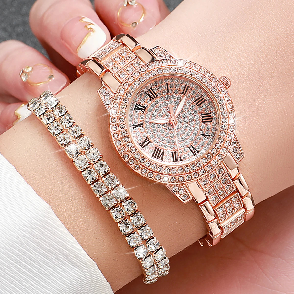 2PCS Fashion Full Diamond Women's Watch Gold Steel Band Analog Quartz Watches Bracelet Set