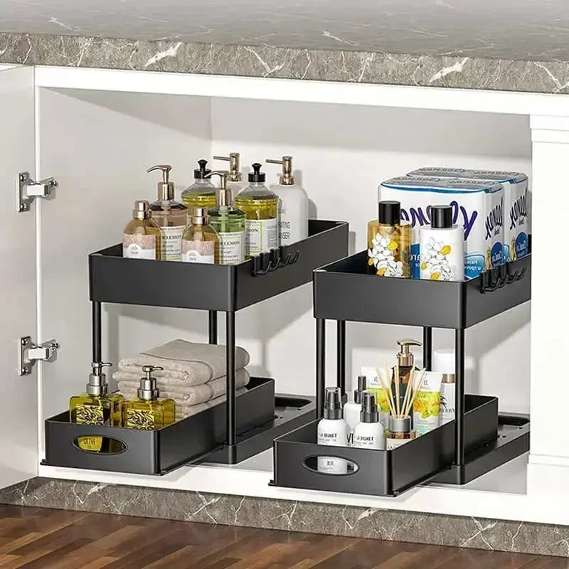 New 2 Tier Under Sink Organizer Sliding Cabinet Basket Organizer Storage Rack with Hooks Hanging Cup Bathroom Kitchen Organizer