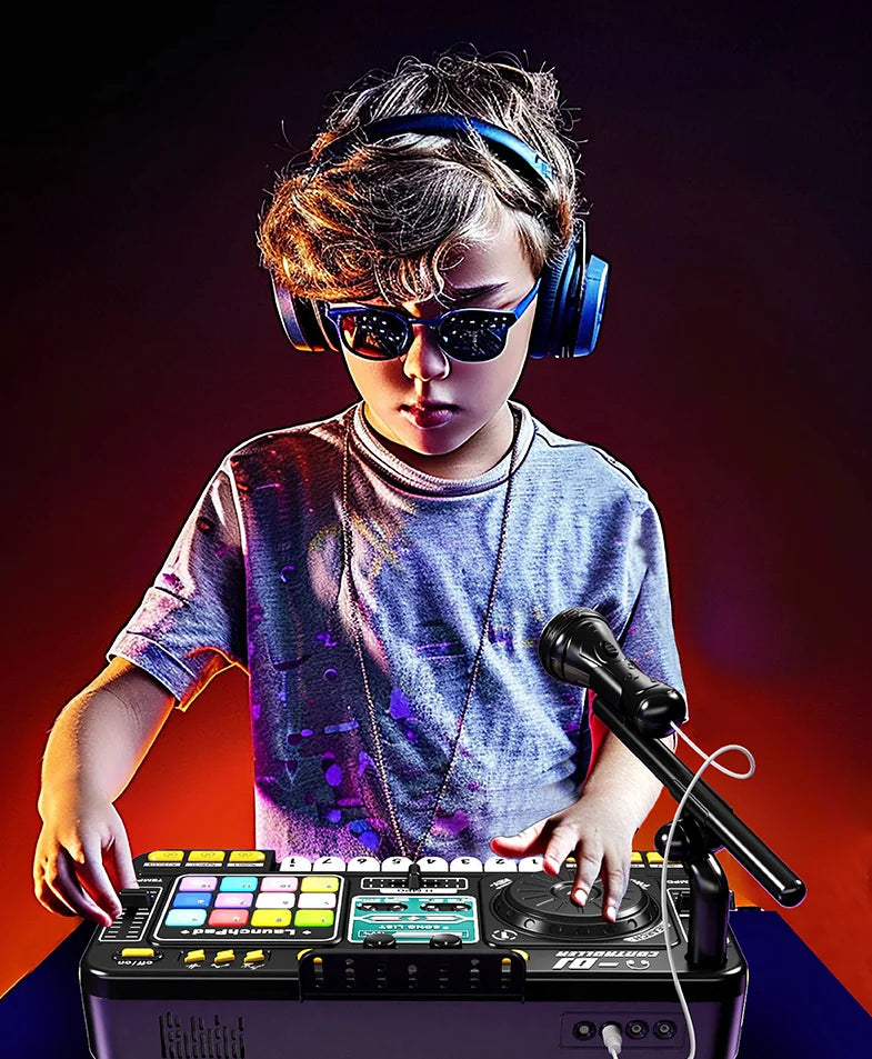 Kid Electricity DJ Mixer with Microphone Electronic Piano Keyboard DJ Turntable Controller Turntable Instrument Kid Birthday Gif