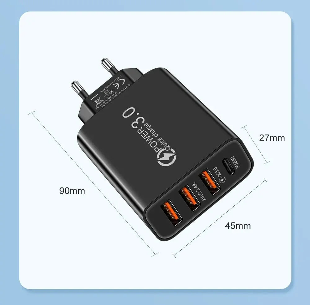 شاحن USB-C متعدد المنافذ بقدرة 60 واط، مزود بـ 4 منافذ، منها 3 منافذ USB PD، يدعم الشحن السريع، وشاحن جداري عالمي للسفر.