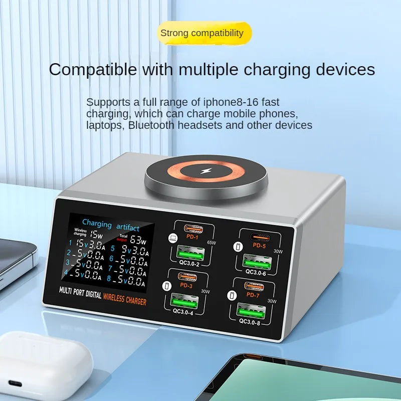 شاحن متعدد المنافذ بقدرة 140 واط مزود بشاشة عرض رقمية، يدعم الشحن السريع PD+QC، والشحن اللاسلكي المغناطيسي المكتبي للهواتف وأجهزة الكمبيوتر المحمولة