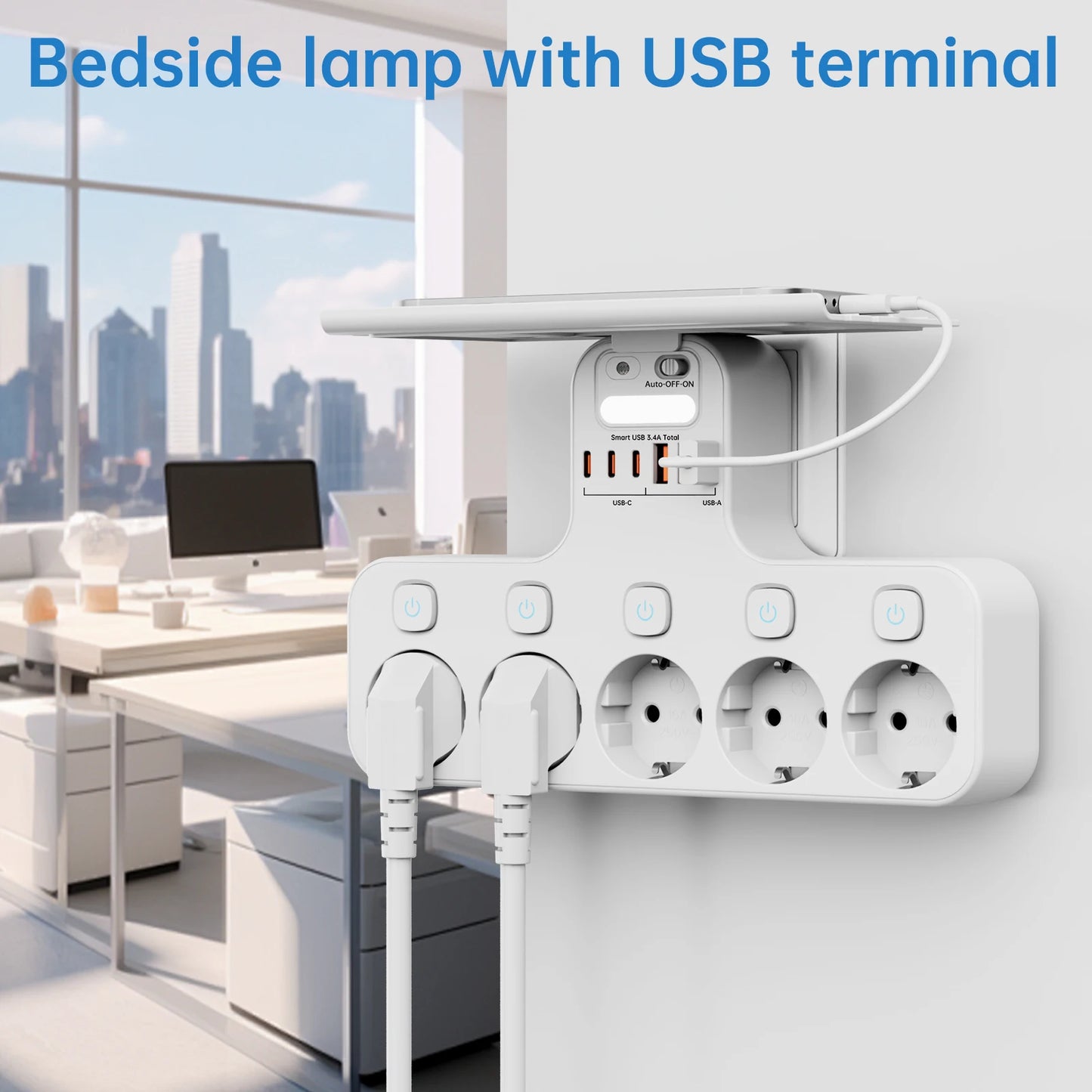 4000W European Standard Outlet Wall Mounted Smart Night Light Independent Switch Eu Plug Power Strip with USB C Ports Charging