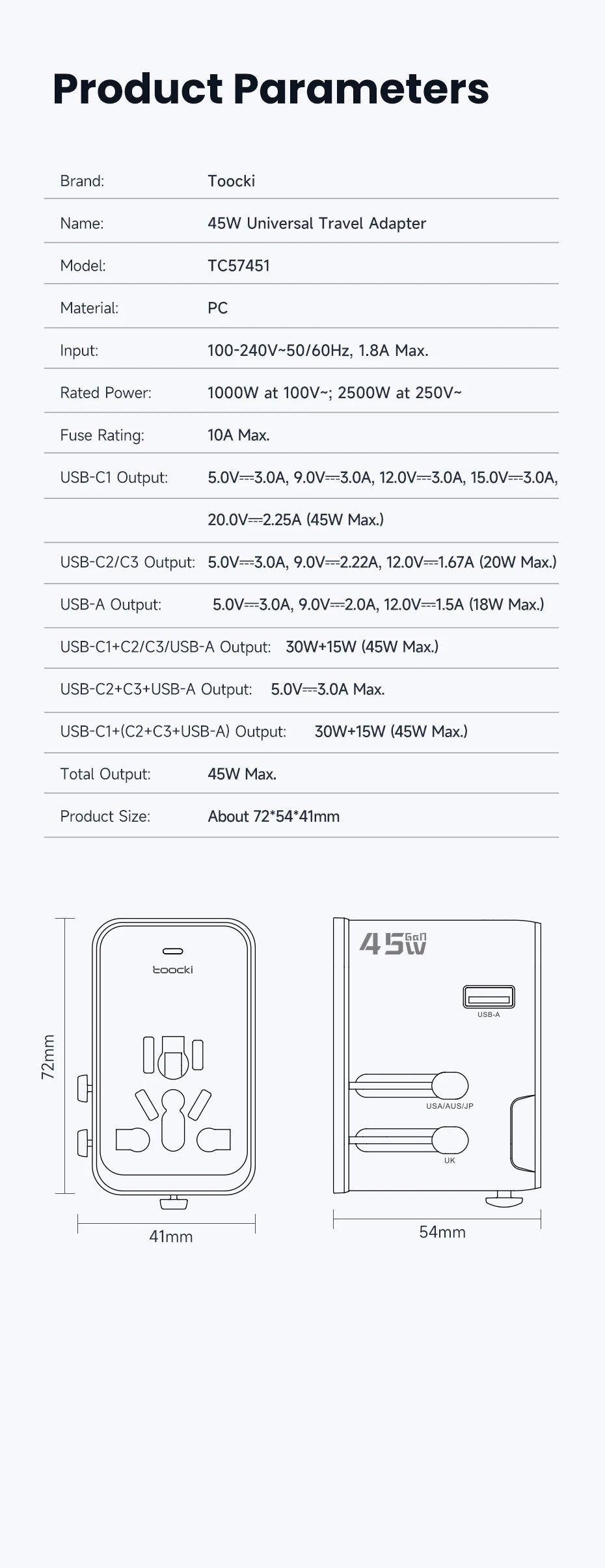 Toocki GaN Universal Travel Adapter With 3C1A 45W Fast Charging 2500W Max All-in-one Travel Charger EU/UK/USA/AUS Plug For Trave
