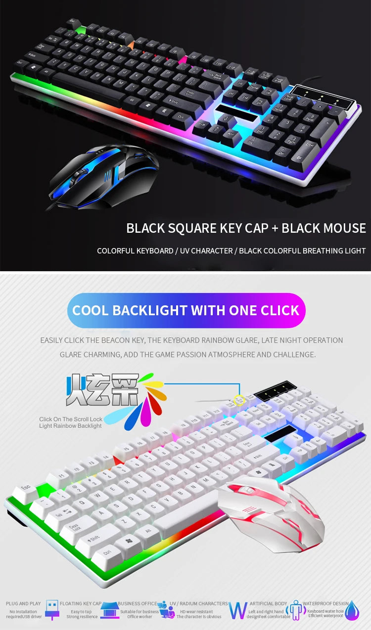 Игровой комплект: клавиатура и мышь с RGB-подсветкой, 104 клавиши, проводная клавиатура и мышь для ноутбука, настольного ПК, планшета.