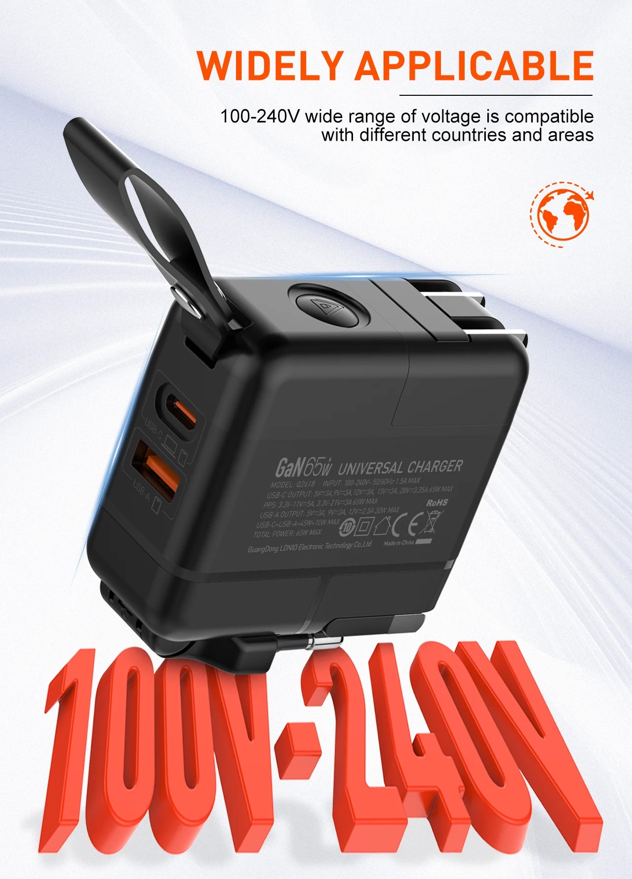 LDNIO GaN 65W Fast Charger Type C Universal Travel Adapter With US EU UK AUS Plug All-in-One Portable USB Charger For Travel