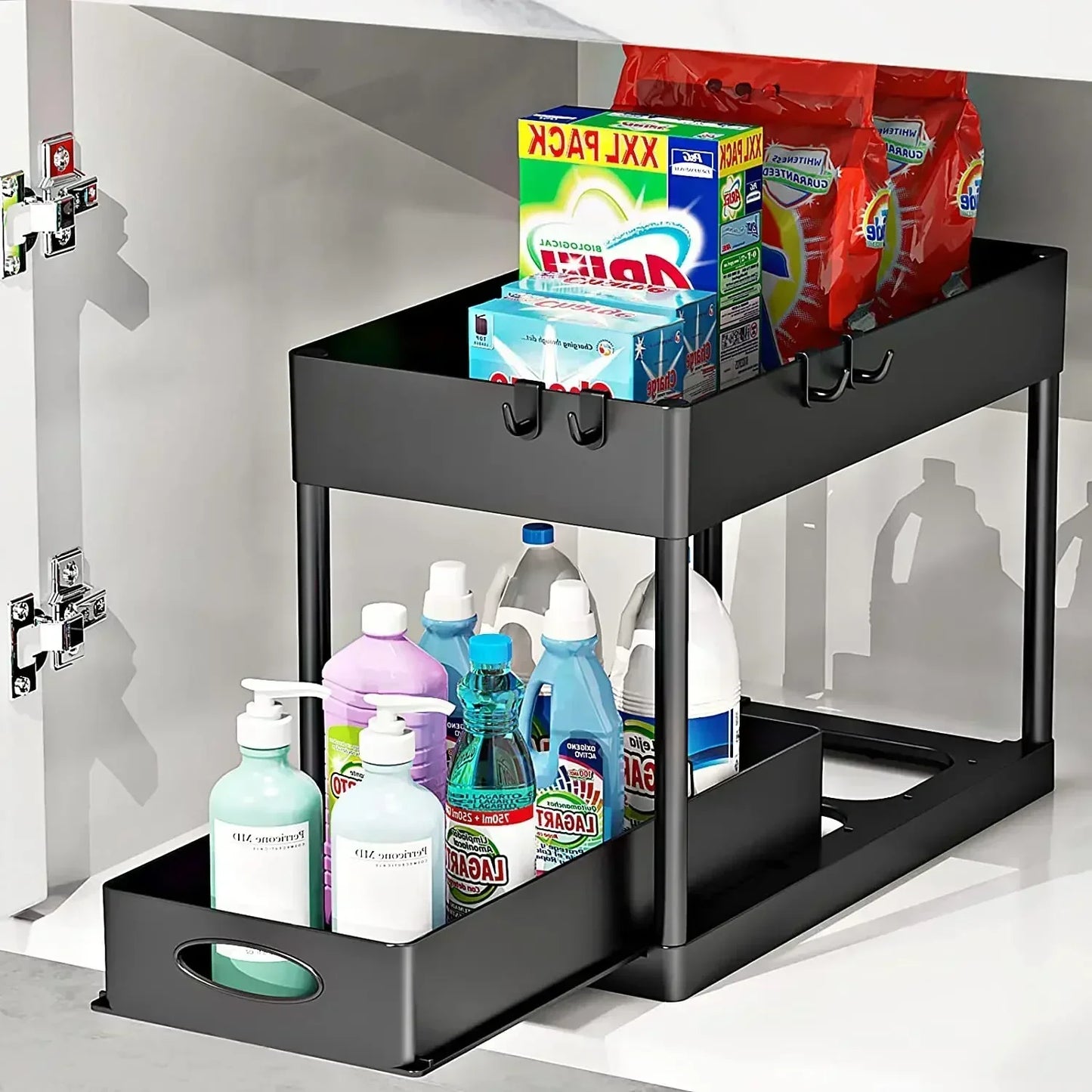 New 2 Tier Under Sink Organizer Sliding Cabinet Basket Organizer Storage Rack with Hooks Hanging Cup Bathroom Kitchen Organizer