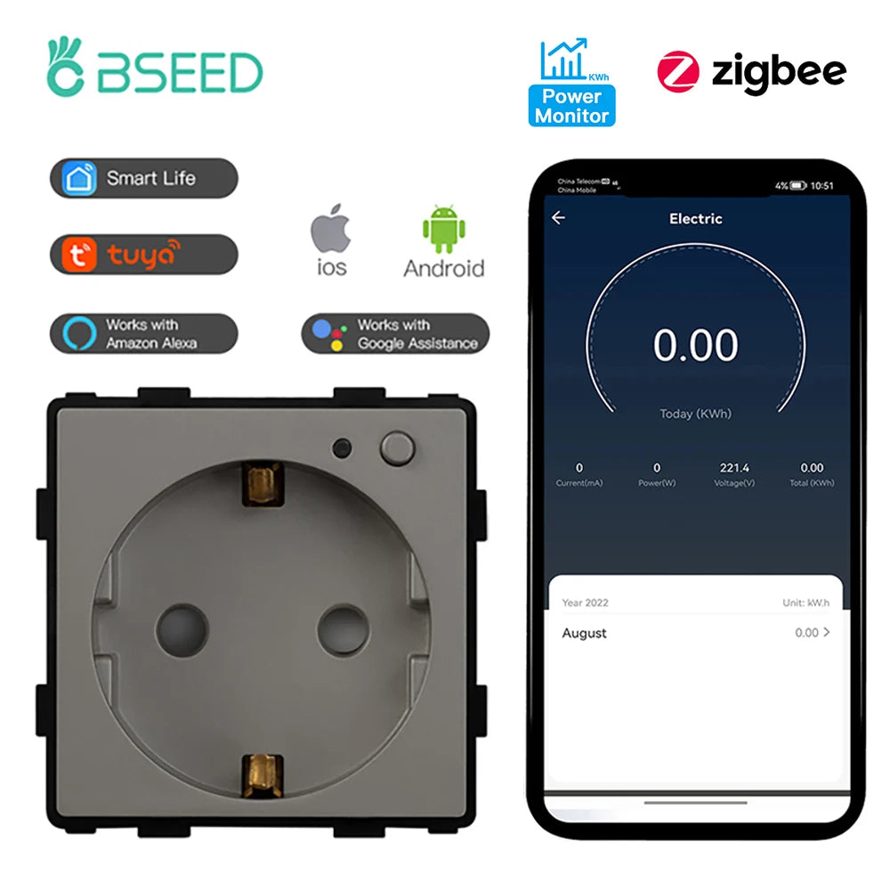 BSEED Zigbee Smart Socket EU Power Monitor Outlet DIY Function Parts Work With Tuya Smart Life Alexa App Indicator Wall Mounted