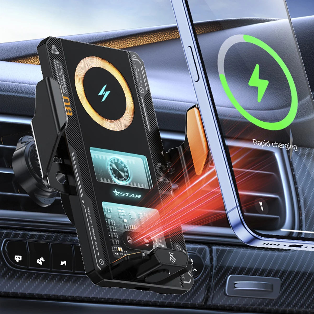 Car Phone Mount With Wireless Charger 66W Magnetic Charging Holder Car Automatic Clamping Stand With Decorative Mood Lighting