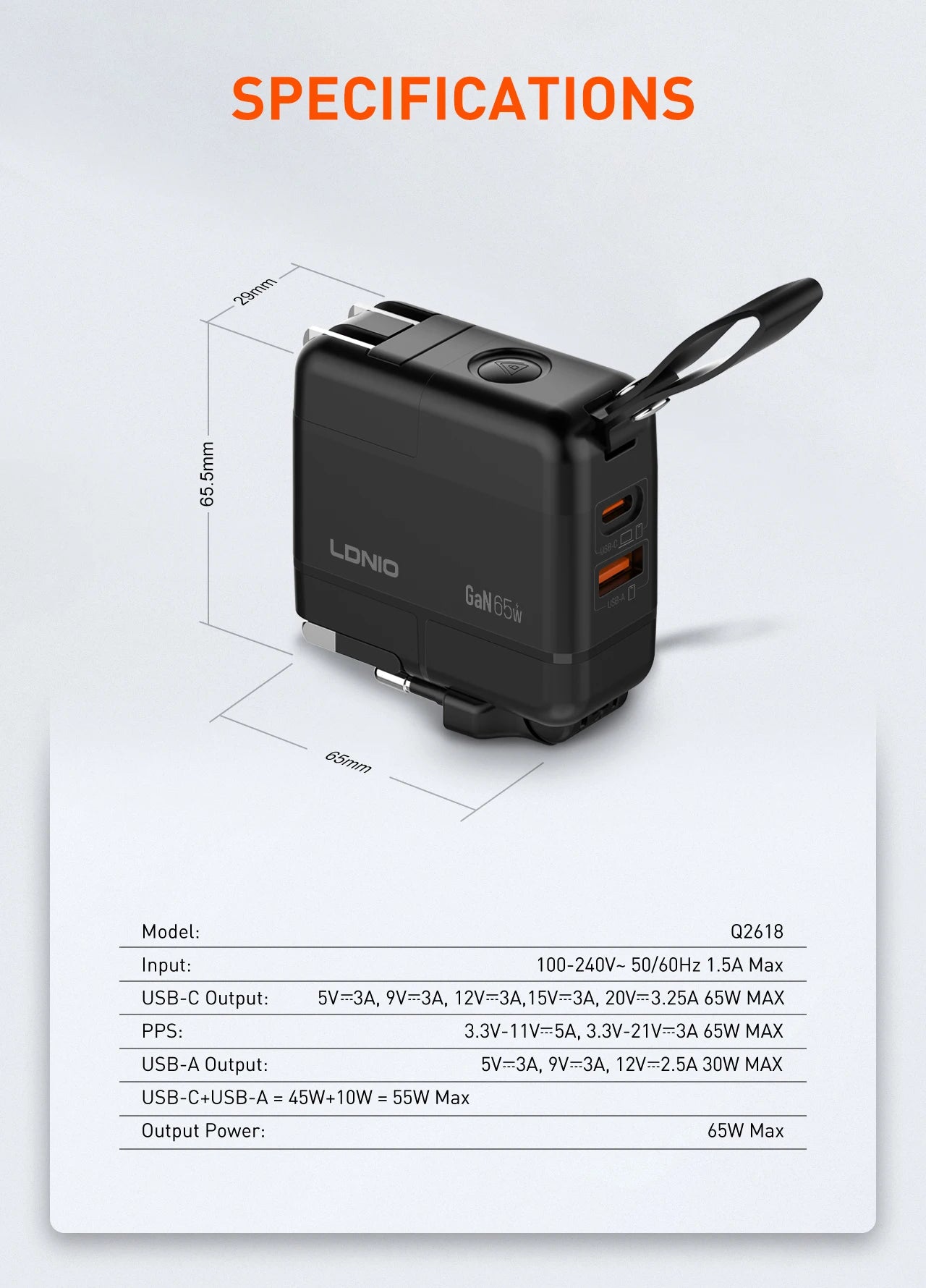 LDNIO GaN 65W Fast Charger Type C Universal Travel Adapter With US EU UK AUS Plug All-in-One Portable USB Charger For Travel
