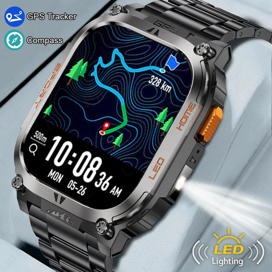 LIGE New GPS Tracking Smart Watch  LED Flashlight 1.96inch HD Screen Compass BT Call Waterproof Sport Smartwatch For Android iOS