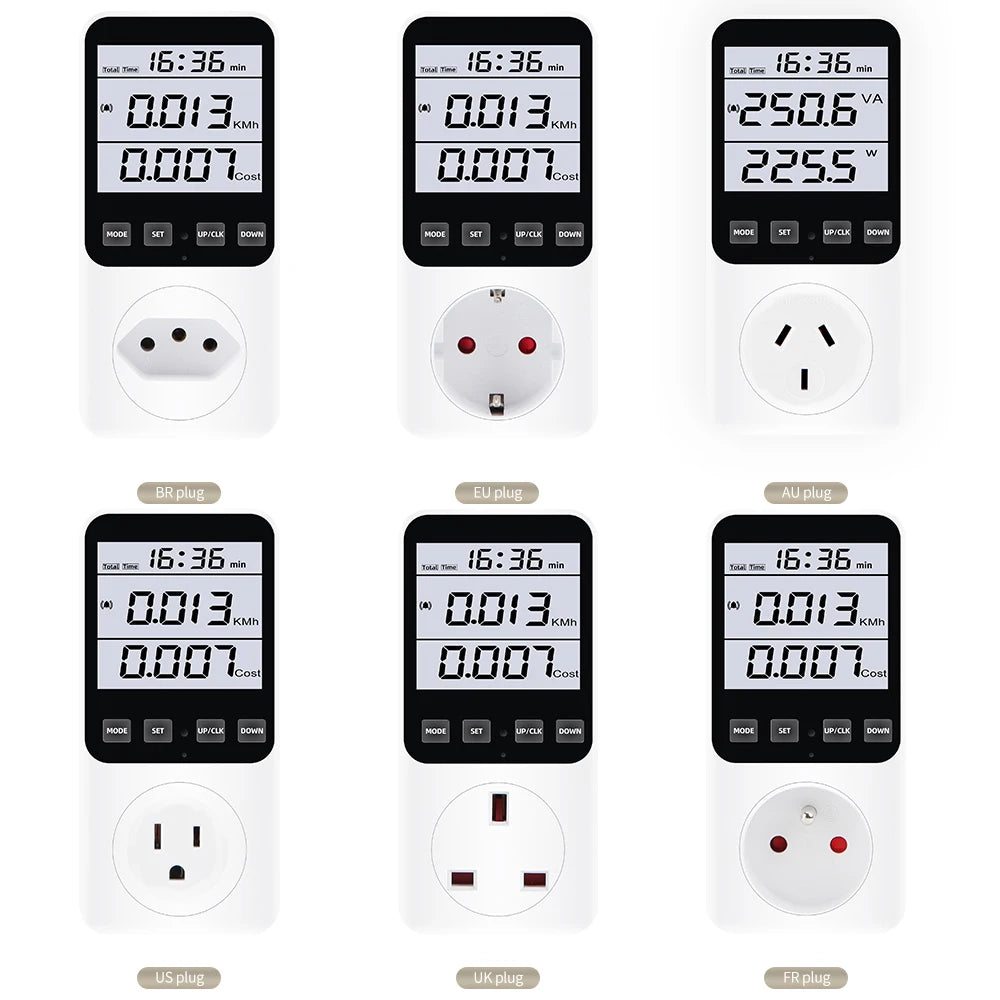 Digital LCD Wattmeter 230V Power Energy Meter Voltmeter Ammeter Consumption Monitor 50Hz Socket Analyzer EU US UK AU FR BR Plug