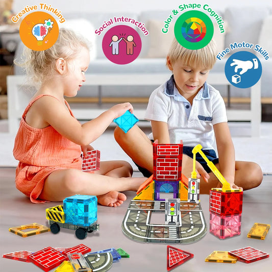 Magnetic Road Set With Car Toys For Kids Boys Girls Magnet Building Blocks Construction Toys Birthday Gifts For Toddlers