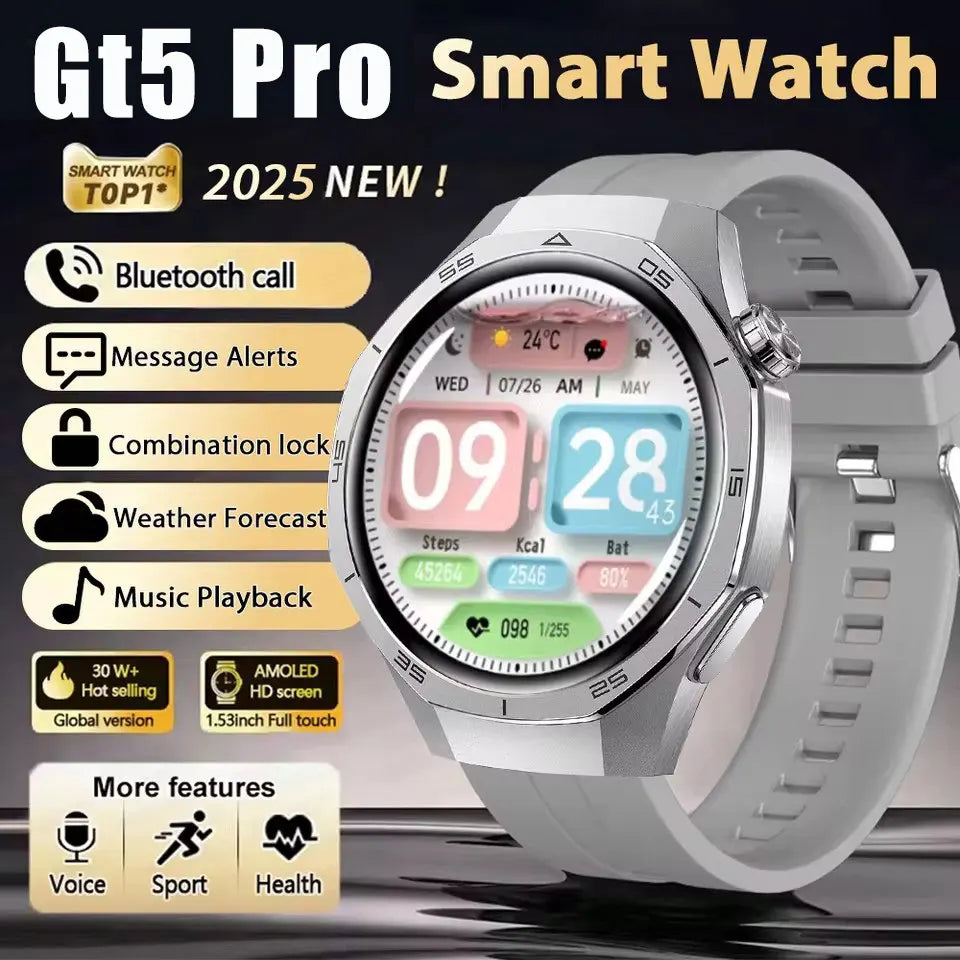 ساعة GT5 Pro الذكية الجديدة للرجال، إصدار 2025، مزودة بنظام تحديد المواقع العالمي (GPS)، وشاشة AMOLED بزاوية 360 درجة، وتقنية NFC، وبلوتوث لإجراء المكالمات، ومقاومة للماء، وميزة مراقبة الصحة، متوافقة مع نظام iOS.