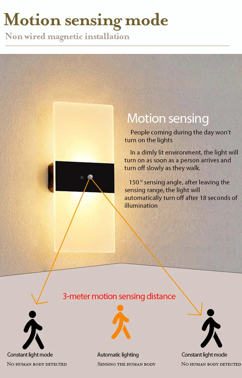 USB Recharge Wall Lamp Touch Motion Sensor Switch Indoor Acrylic Night Lights Bedroom Bedside Wall Sconce Nordic LED Wall Light