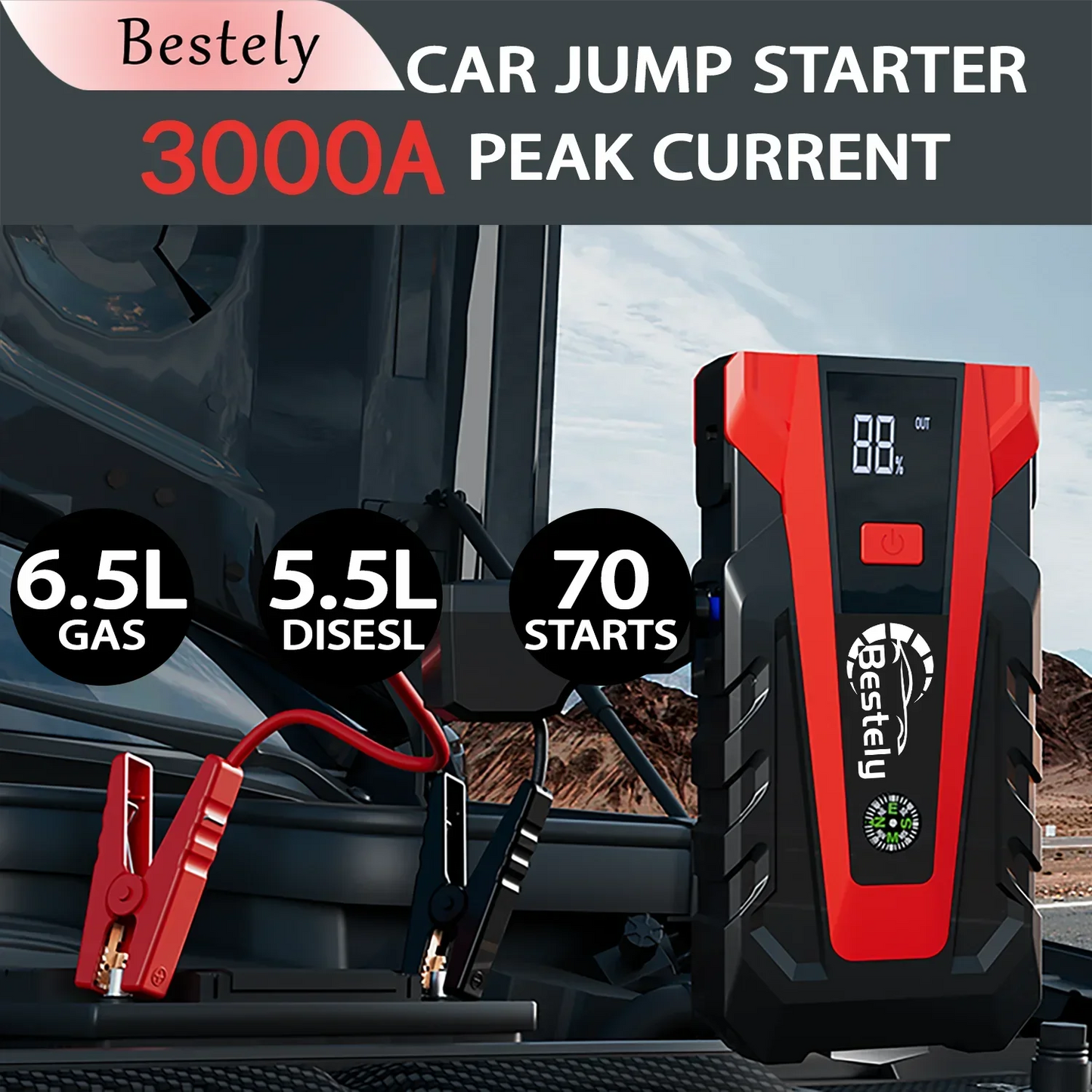 Bestely-12V-99800mAh-3000A Car Jump Starter Car Battery Starters Portable Power Bank 12V Starting Device Petrol Diesel Car
