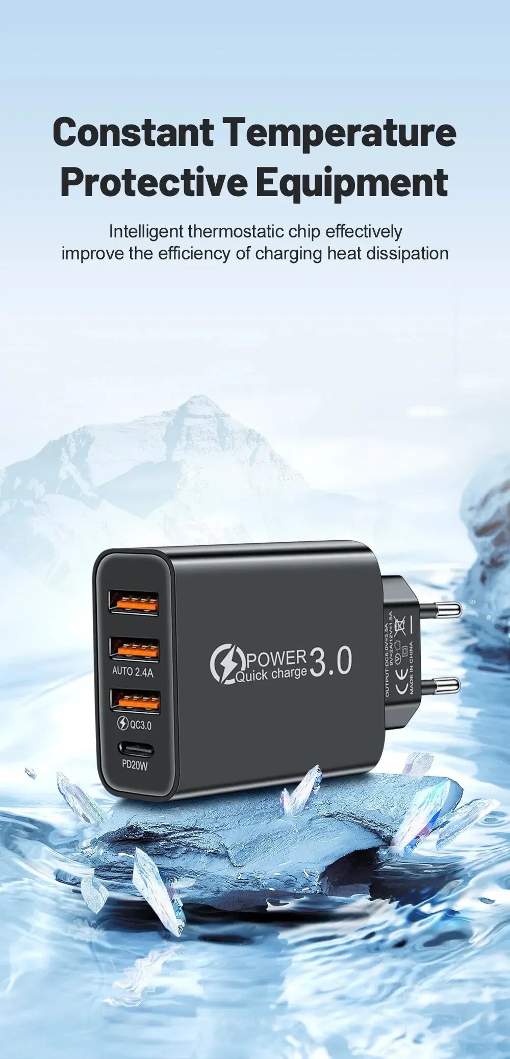 شاحن USB-C متعدد المنافذ بقدرة 60 واط، مزود بـ 4 منافذ، منها 3 منافذ USB PD، يدعم الشحن السريع، وشاحن جداري عالمي للسفر.
