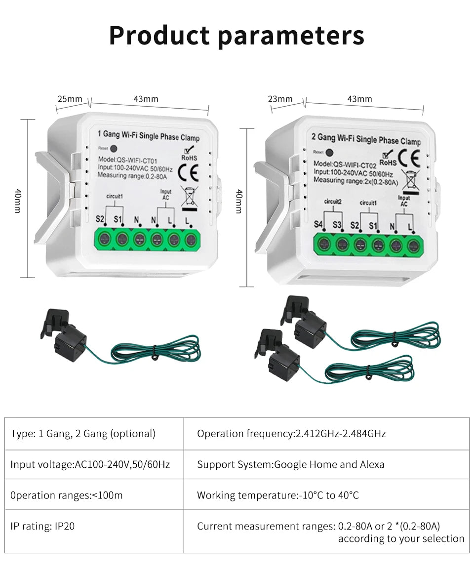 Tuya Smart Energy Monitor WiFi Energy Meter Dual Channel 80A Current Transformer Power Production Consumption Monitor Smart Home