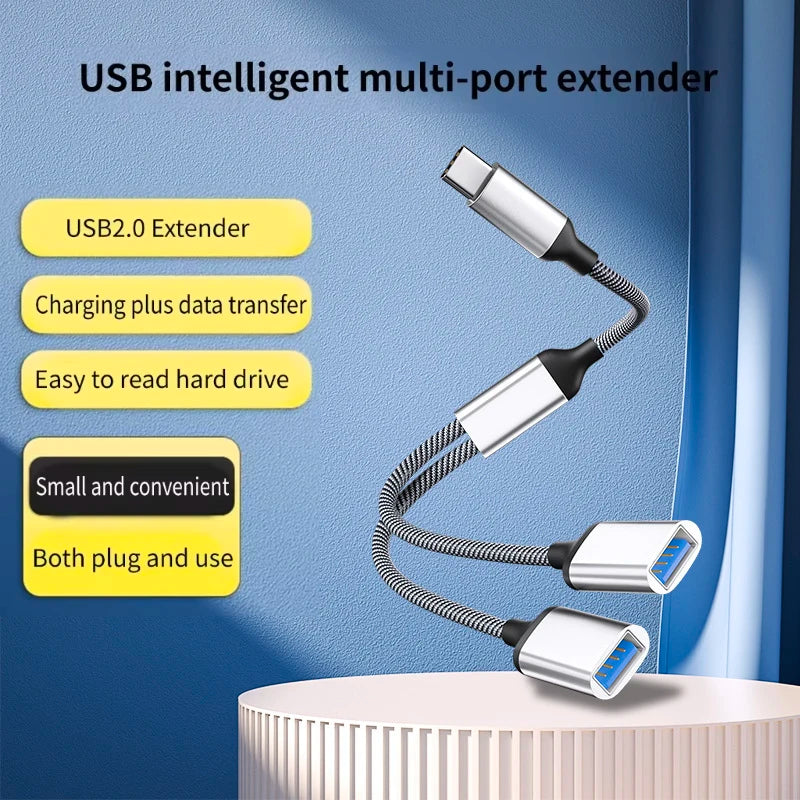 Multi USB C to USB A 2.0 HUB Dual Port Splitter Adapter OTG for Laptop Computer Printer Charging Data Transfer Extension Cable