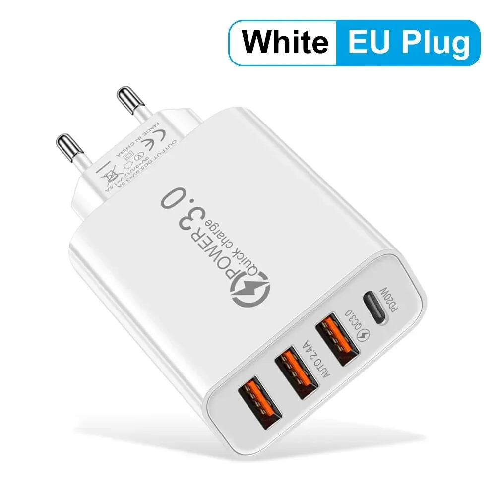 شاحن USB-C متعدد المنافذ بقدرة 60 واط، مزود بـ 4 منافذ، منها 3 منافذ USB PD، يدعم الشحن السريع، وشاحن جداري عالمي للسفر.