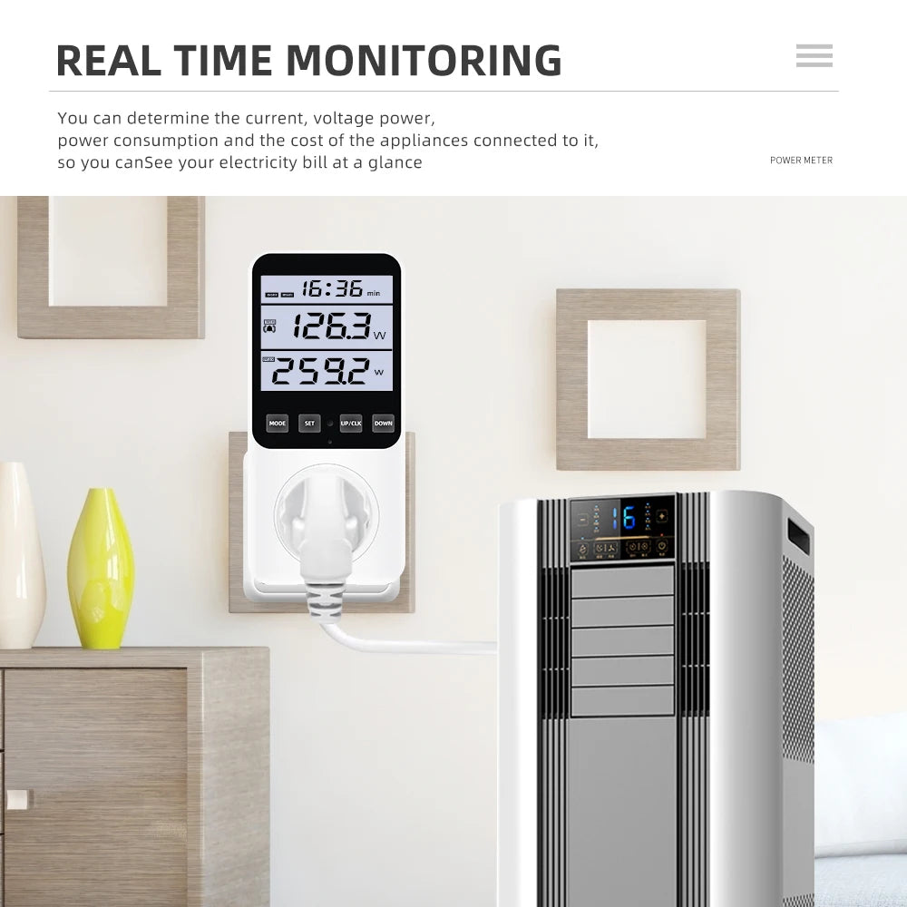 Digital LCD Wattmeter 230V Power Energy Meter Voltmeter Ammeter Consumption Monitor 50Hz Socket Analyzer EU US UK AU FR BR Plug