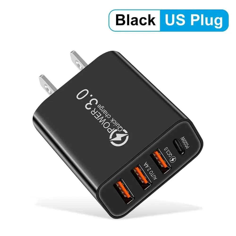 شاحن USB-C متعدد المنافذ بقدرة 60 واط، مزود بـ 4 منافذ، منها 3 منافذ USB PD، يدعم الشحن السريع، وشاحن جداري عالمي للسفر.