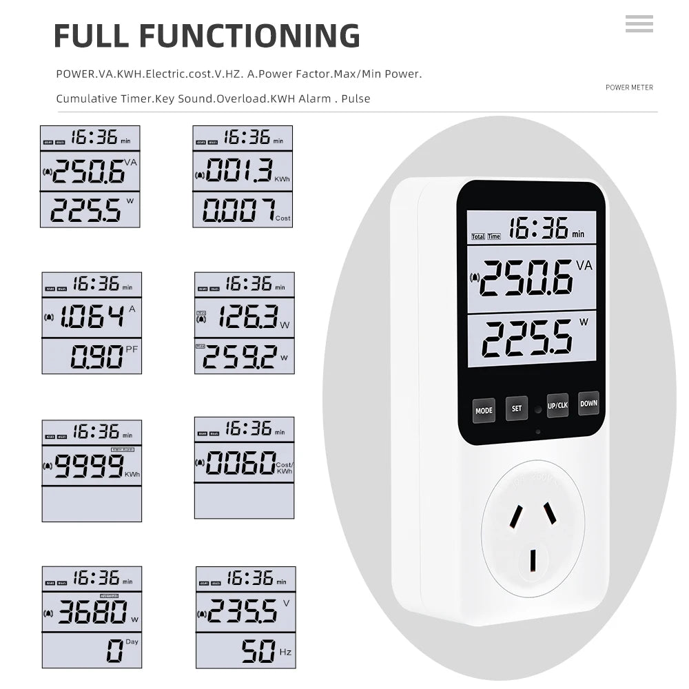 Digital LCD Wattmeter 230V Power Energy Meter Voltmeter Ammeter Consumption Monitor 50Hz Socket Analyzer EU US UK AU FR BR Plug