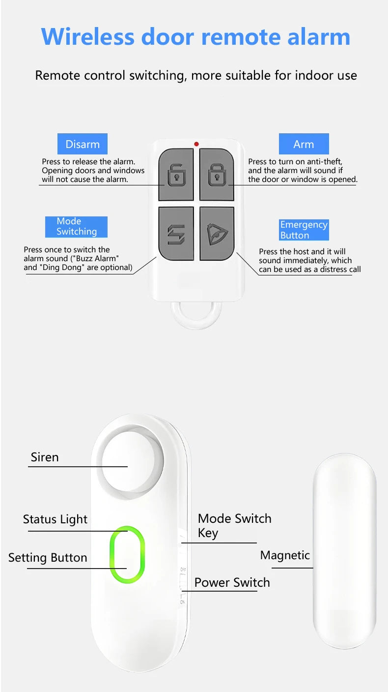Wireless Door Window Alarm with Remote Control, 3 Modes (Welcome/Door Open/Alarm), Double-Sided Tape Mounting Installation,