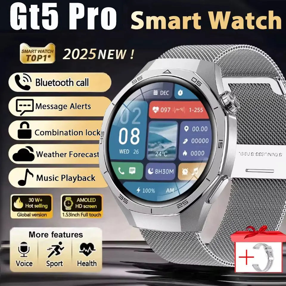 ساعة GT5 Pro الذكية الجديدة للرجال، إصدار 2025، مزودة بنظام تحديد المواقع العالمي (GPS)، وشاشة AMOLED بزاوية 360 درجة، وتقنية NFC، وبلوتوث لإجراء المكالمات، ومقاومة للماء، وميزة مراقبة الصحة، متوافقة مع نظام iOS.