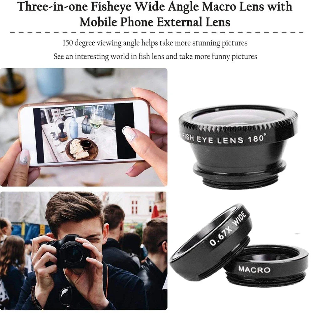 3In1 Mobile Phone Fish Eye+Wide Angle+Macro Lightweight Camera Lens With Clip Universal Cell Phone Lens For iPhone Xiaomi Huawei