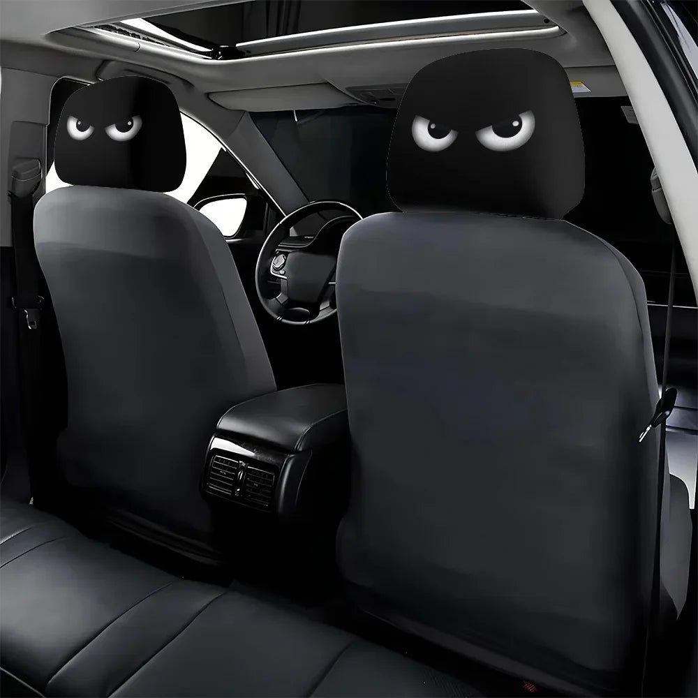 2PCS Funny Slanted Eyes Cartoon Print Car Headrest Cover for Halloween Christmas Holiday Automobile Interior Decoration
