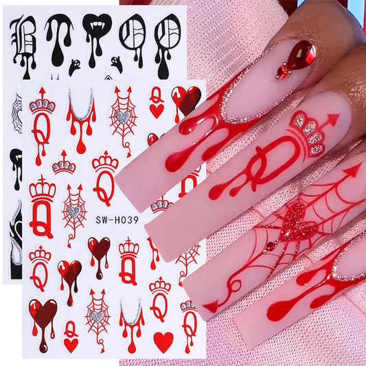 2pcs Gothic Style Halloween Nail Stickers 3D Black Red Heart Spider Web Crown Adhesive Nail Decals Sliders Manicure Decoration