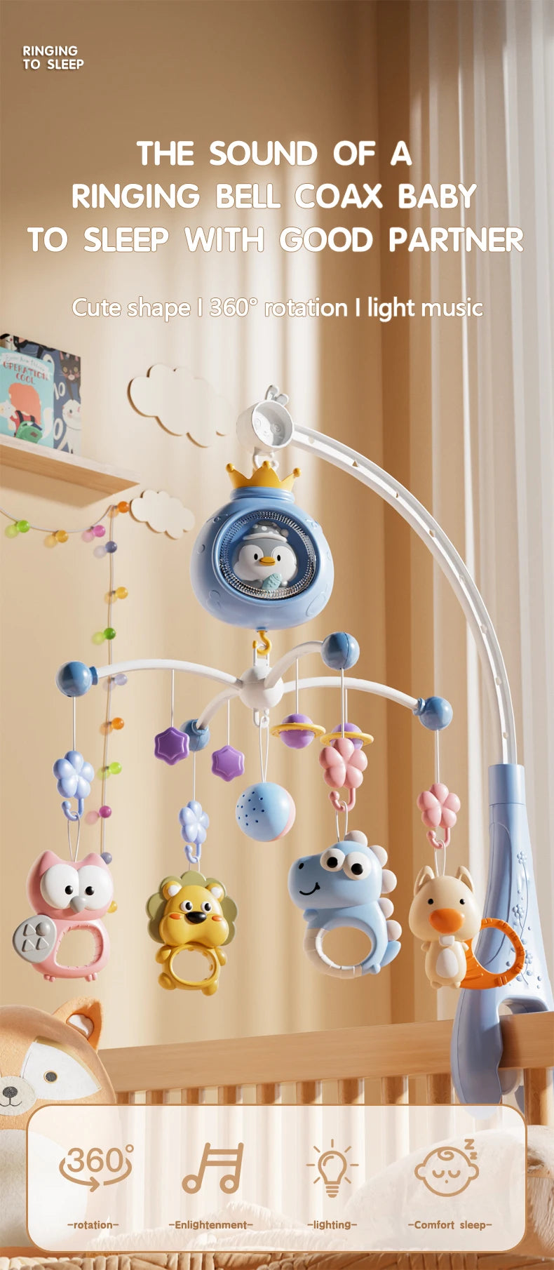 Baby Crib Bell Toys Musical Baby Crib Mobile with Lights Projection for 0-12Months Infants Crib Toys Bed Bell Toy Newborn Gifts