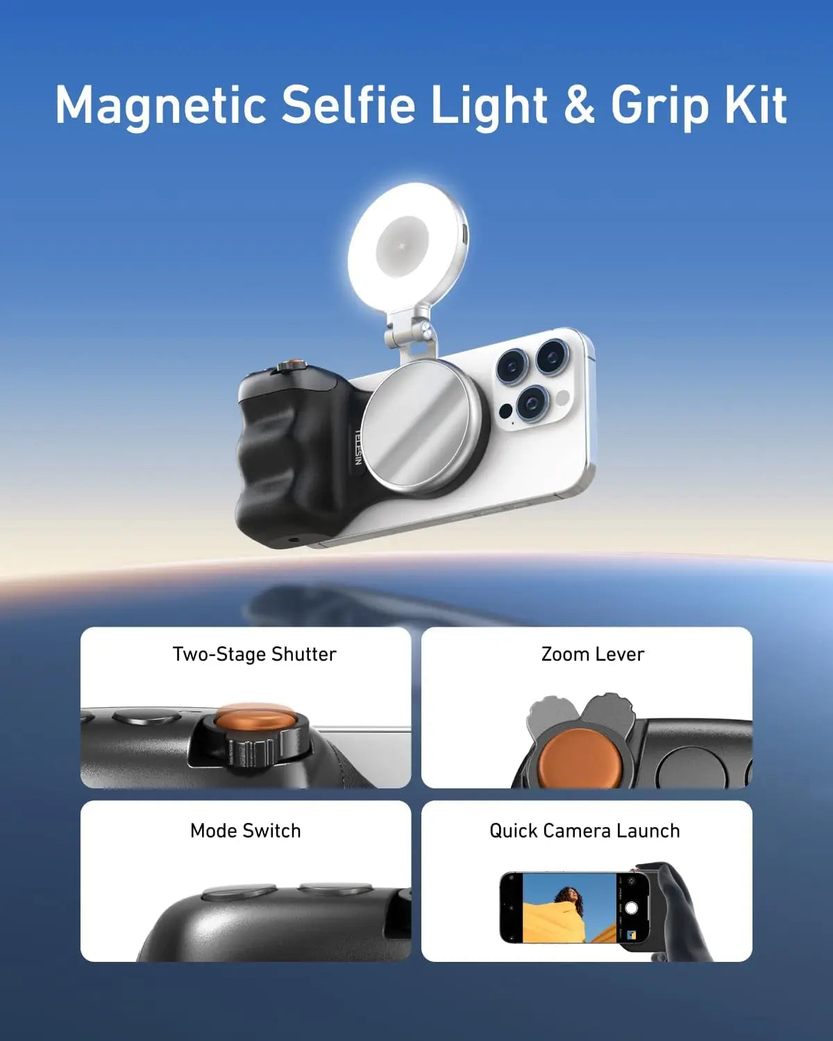 TELESIN Fun Shot Magnetic Phone Camera Grip + C03 Magnetic Selfie Light Bundle Kit Compatible with iPhone & Android