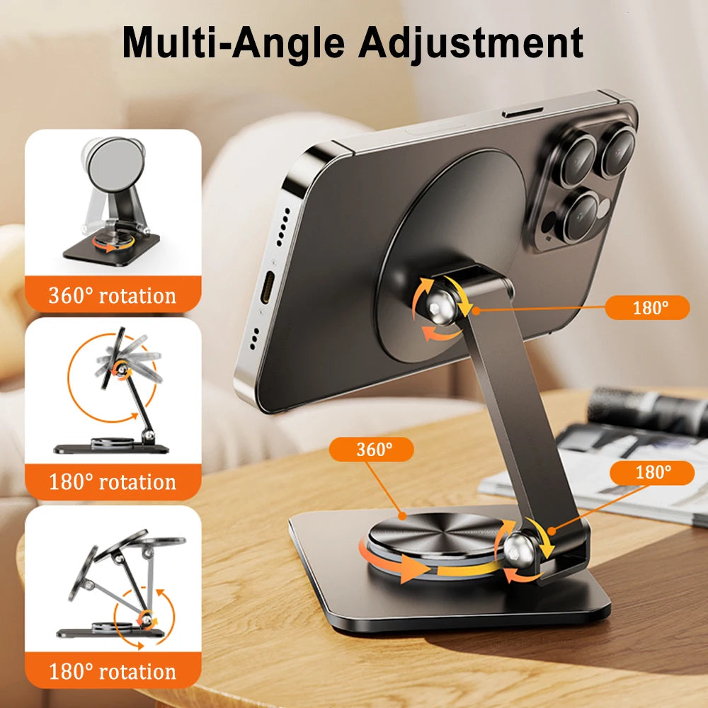 Phone Holder Desktop Magnetic Phone Stand 360° Rotation Foldable Desktop Cell Phone Stand For iPhone 15 14 13 12 Pro Max