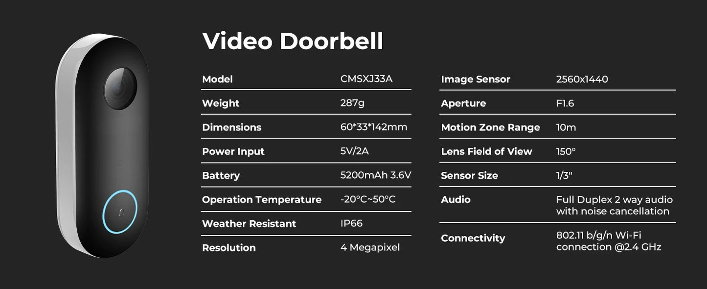 IMILAB Smart Home Video Doorbell Camera WiFi 2.5K Security Protection Human Detection Local Storag Instant Alert 5200mAh