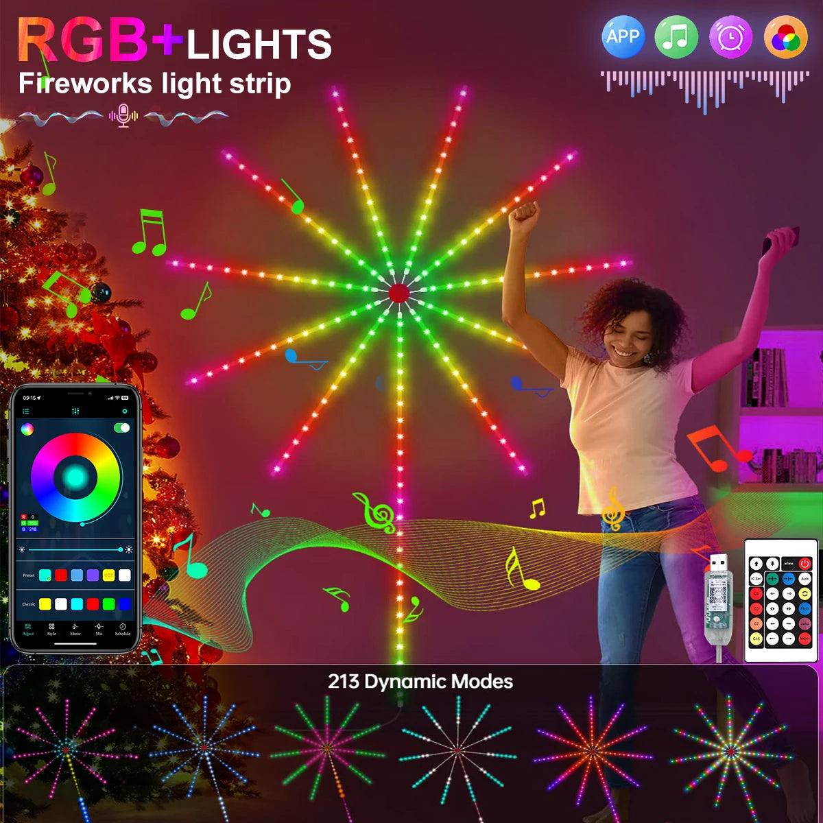 USB LED Smart Fireworks Lights Indoor Outdoor Sparkler Lights Remote & App Control Music Sync Wall Lamp For Room Party DIY Decor